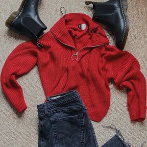 Red knit quarter zip sweater